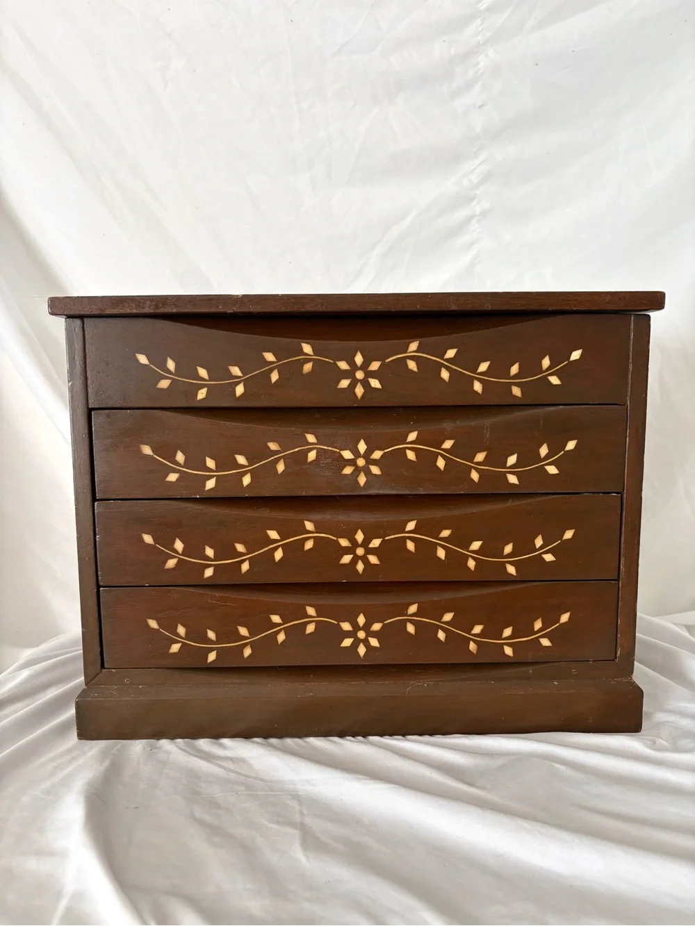 Vintage wood inlay large jewelry box storage boho midcentury home decor